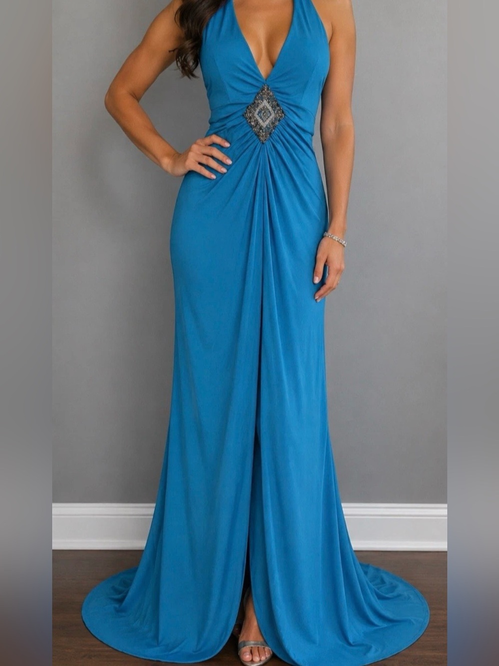F.I.ES.T.A Long Gown Halter Dress Beaded Rhinestones Turquoise Blue sz L NWT